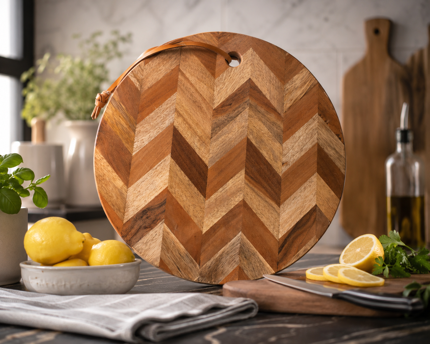 Round Chevron Wood Cutting Board with Leather Hanging Loop – 14 Inch