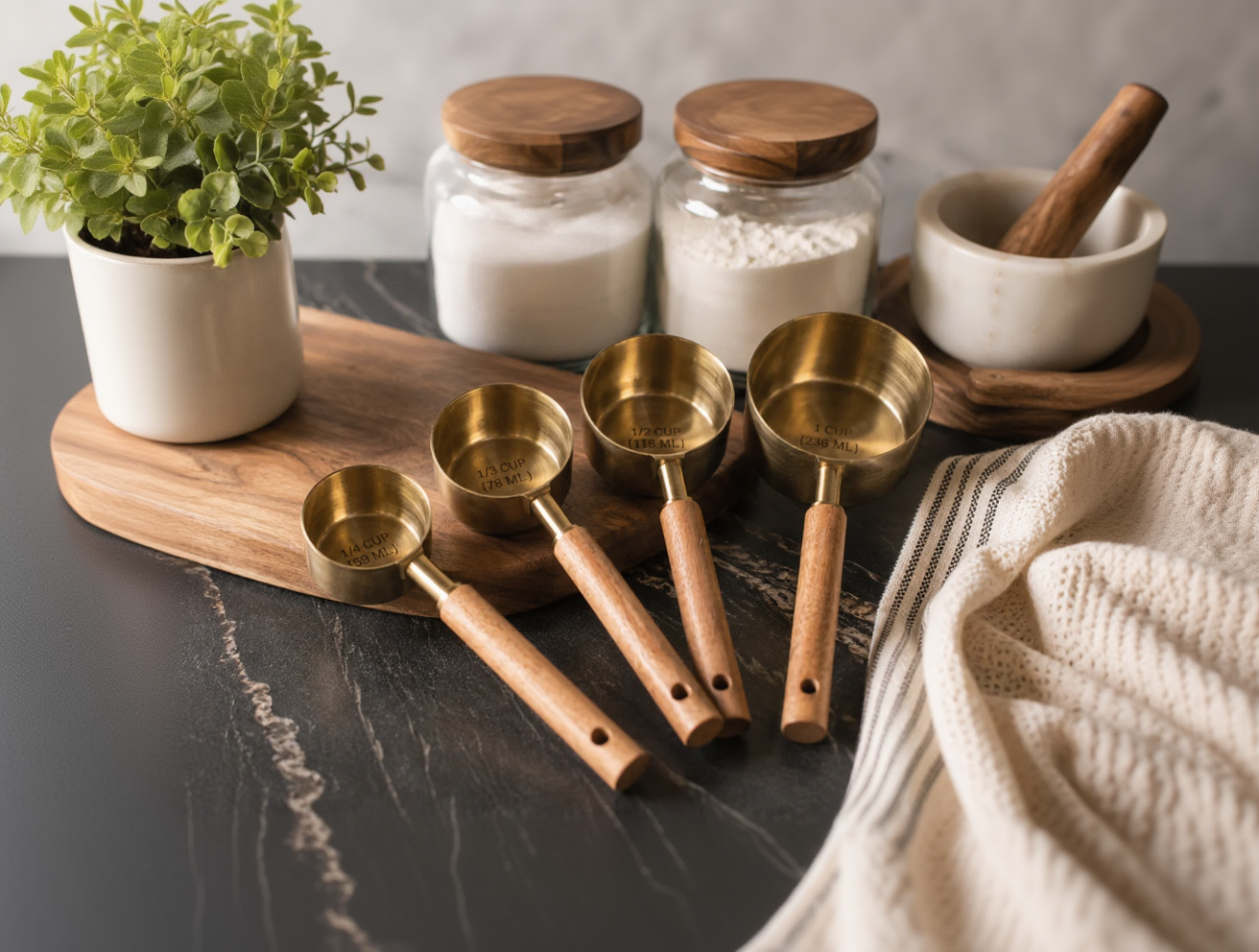 Brass Measuring Cup Set with Wooden Handles