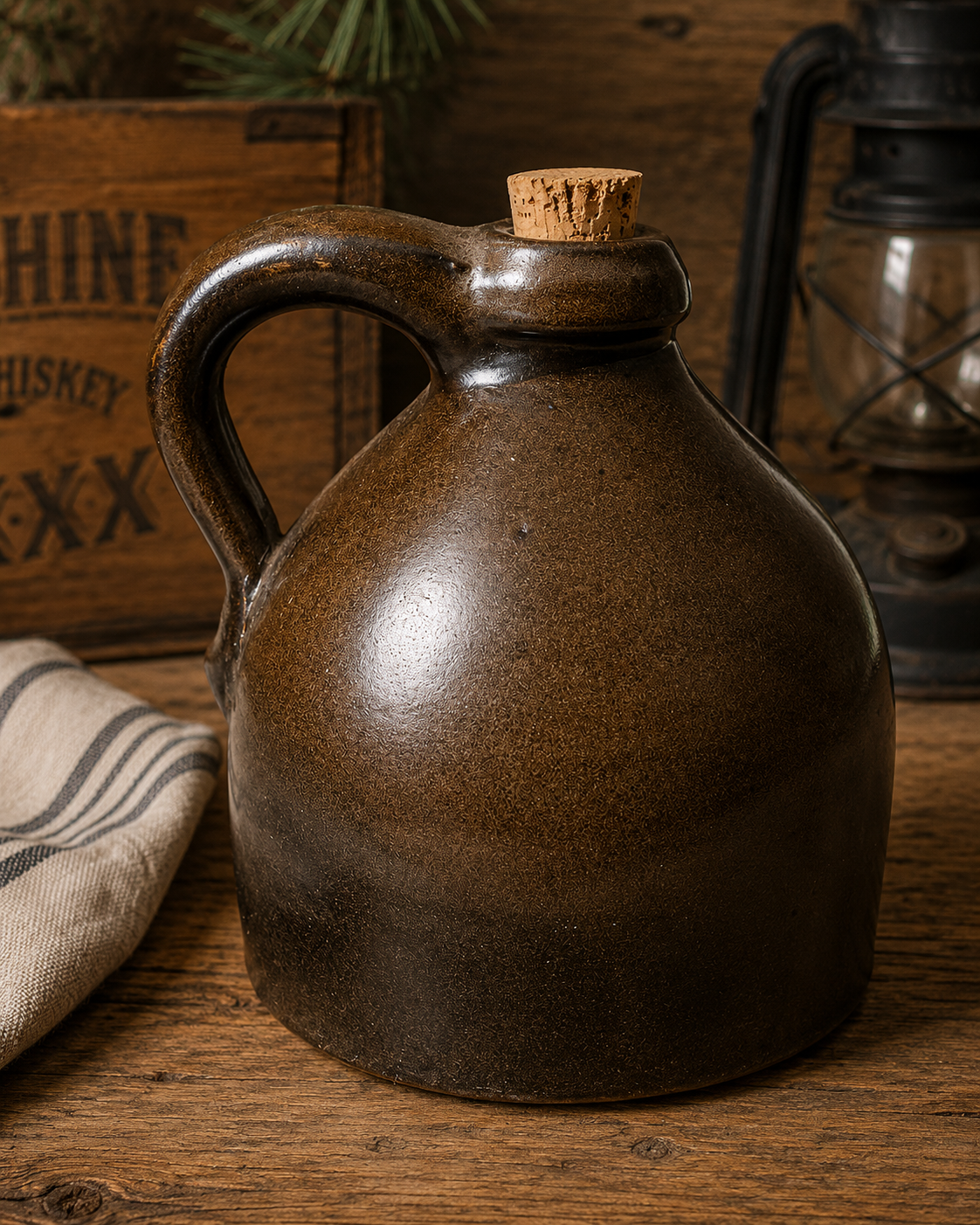 Vintage brown earthenware moonshine jug with integrated handle and cork stopper, featuring a rustic glazed stoneware finish and classic farmhouse styling.