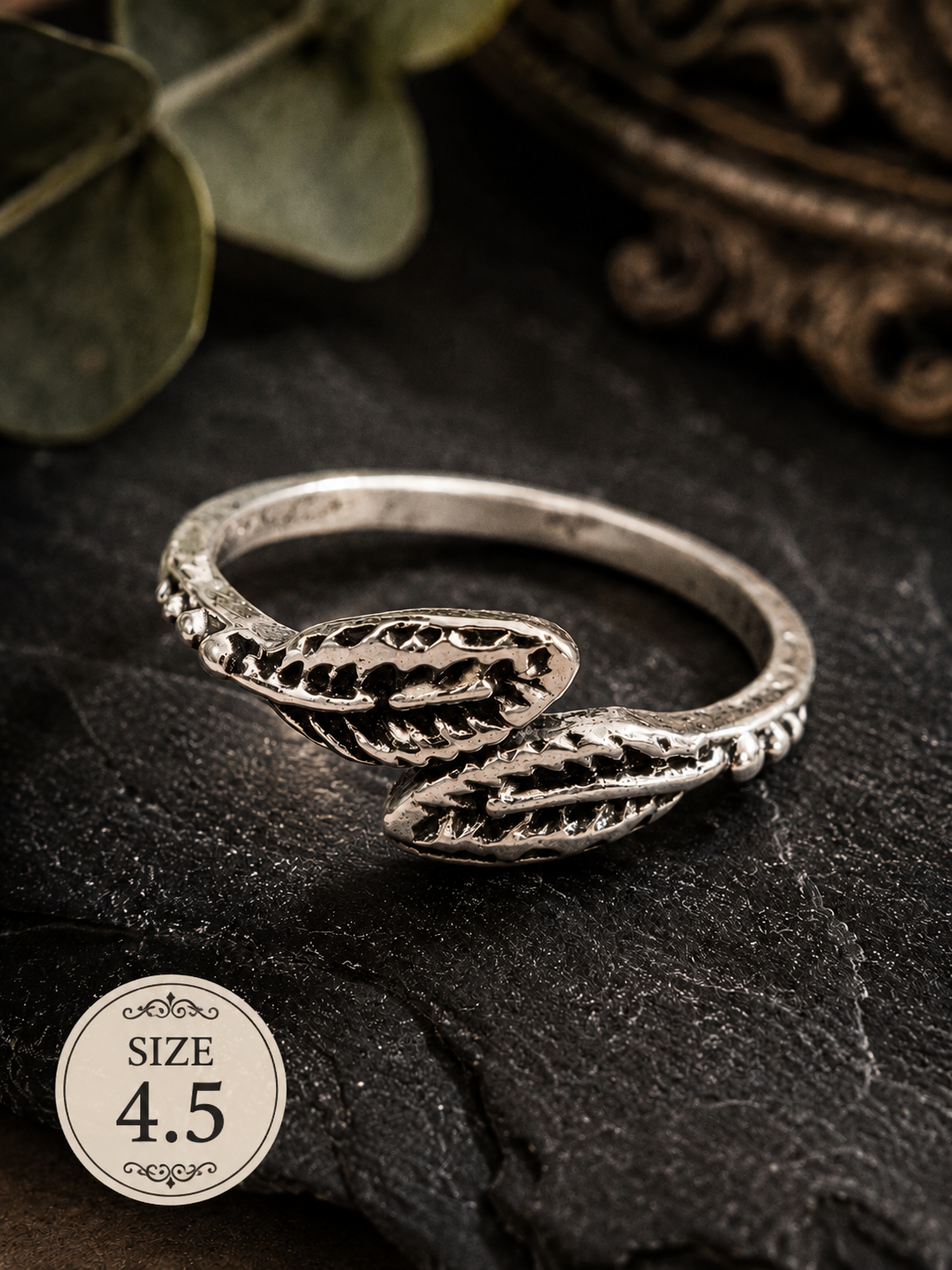 Silver-plated leaf wrap ring featuring textured botanical details and a nature-inspired design, size 4.5, suitable for everyday wear and floral fashion styling.