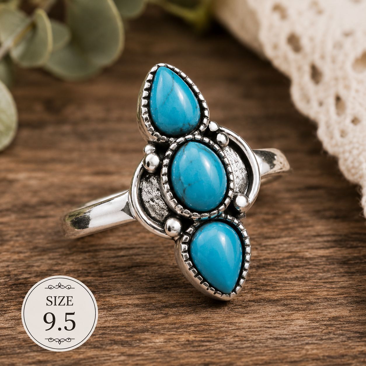 Silver-plated statement ring featuring three faux turquoise stones in a vertical arrangement with decorative beaded detailing, size 9.5, styled with Southwestern-inspired fashion elements.