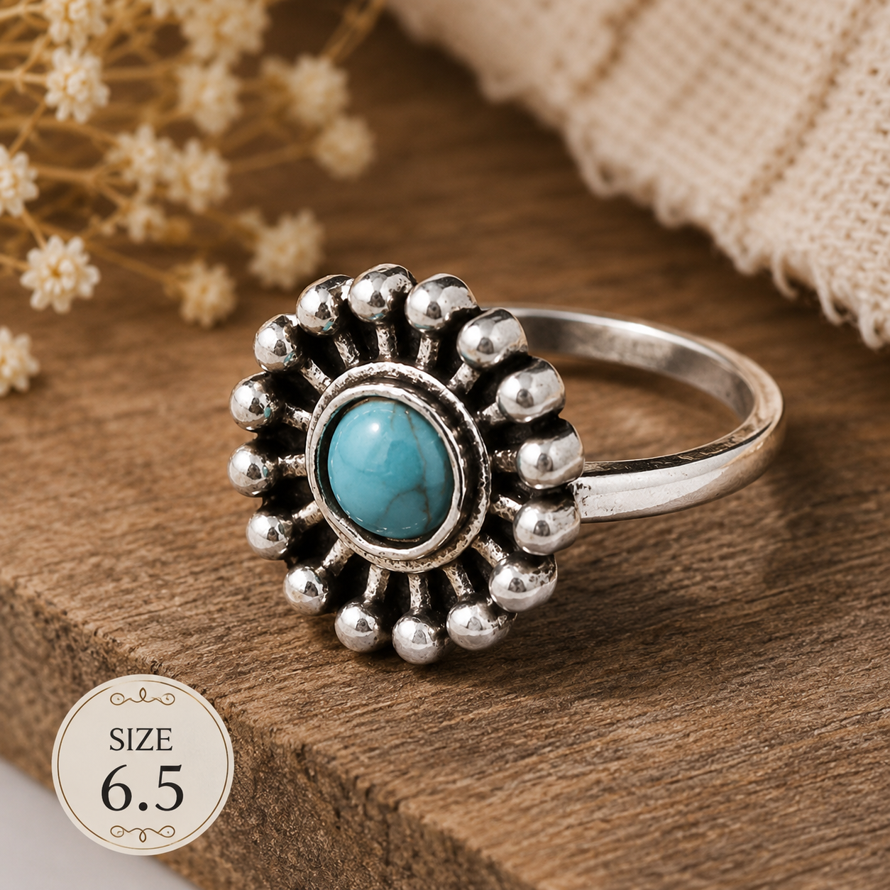 Silver-plated flower ring featuring a faux turquoise center stone surrounded by decorative sunburst detailing, size 6.5, with Southwestern-inspired styling and vintage appeal.
