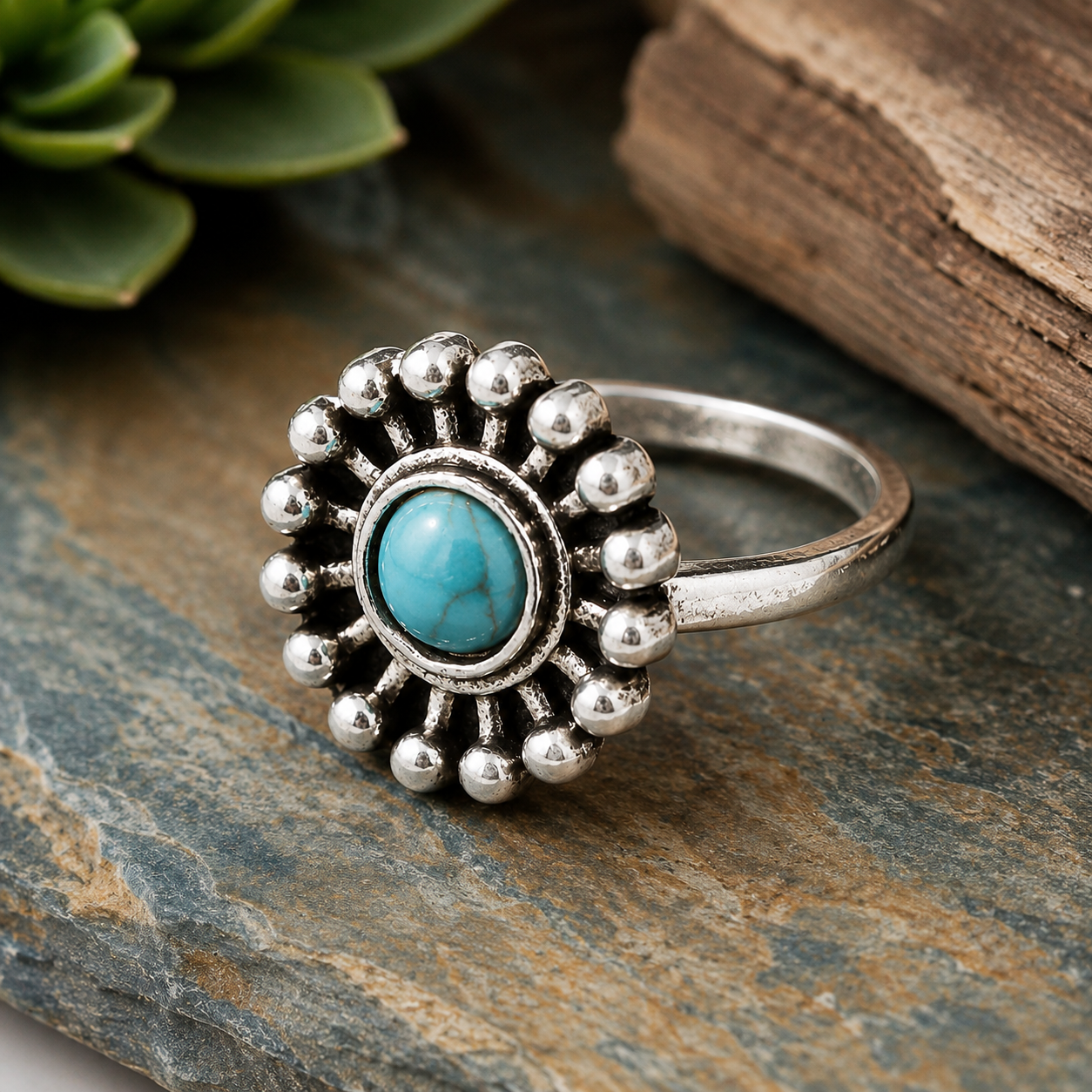Silver-plated flower ring featuring a faux turquoise center stone surrounded by decorative sunburst detailing, size 6.5, with Southwestern-inspired styling and vintage appeal.