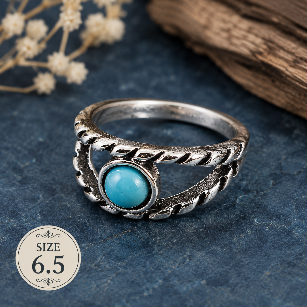Silver-plated faux turquoise ring featuring a round turquoise centerpiece, double-band construction, and twisted rope detailing, size 6.5, with Southwestern-inspired styling.