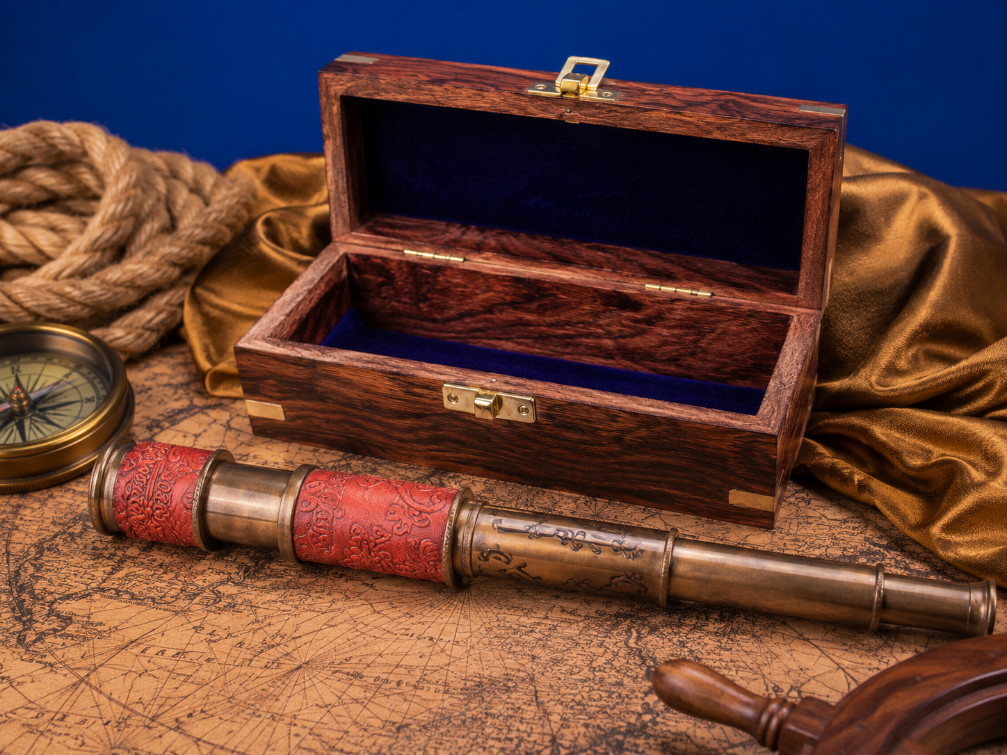 Vintage reproduction nautical telescope with embossed leather-wrapped barrel displayed alongside a wooden presentation box featuring brass-tone hardware and a velvet-lined interior.