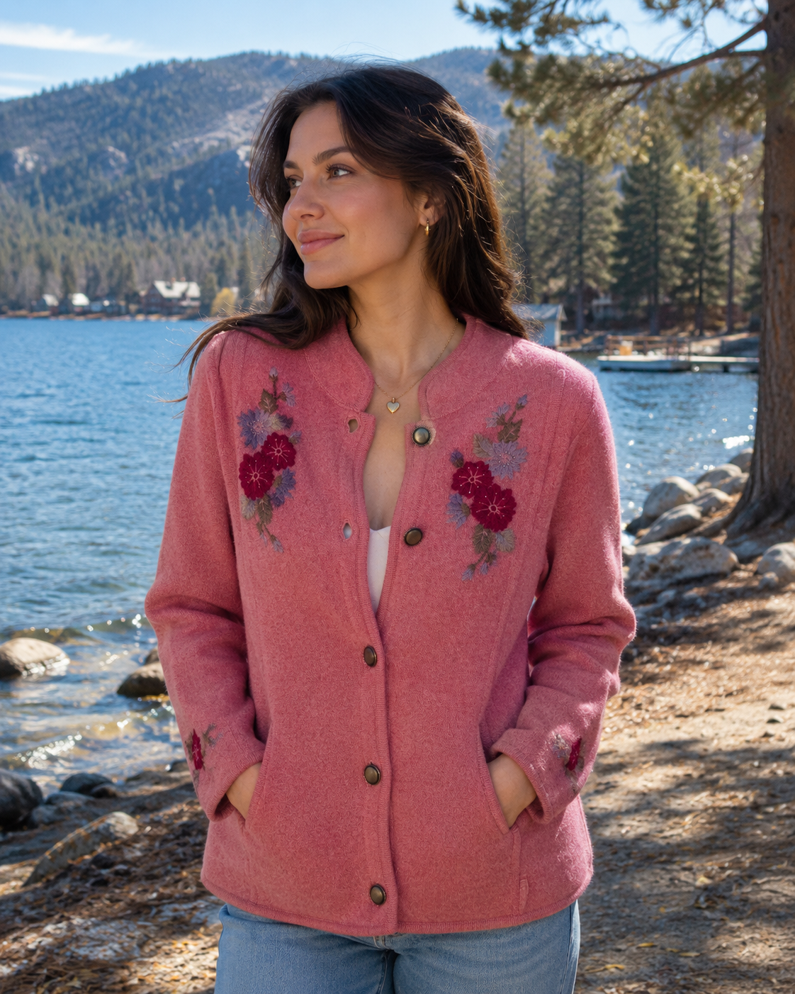 Pendleton Women's Pink Embroidered Floral Cardigan – Virgin Wool, Button-Down, Size Medium