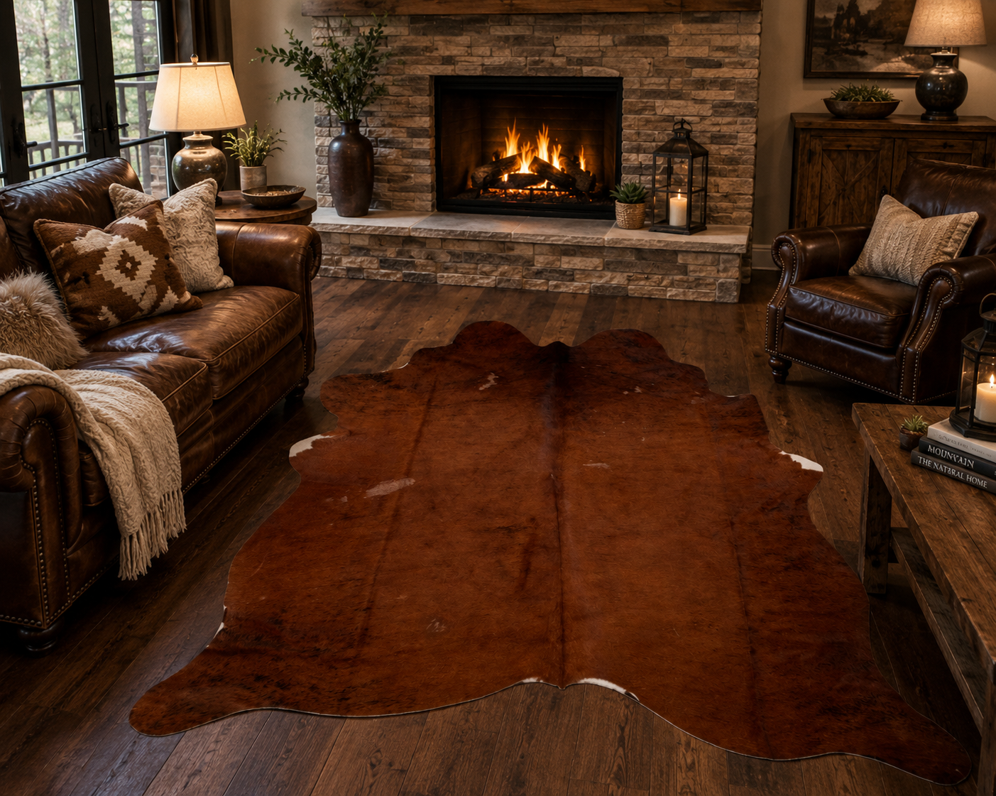 Dark mahogany cowhide rug featuring rich brown coloration and natural hide markings, displayed as a luxurious Western and rustic home décor accent.