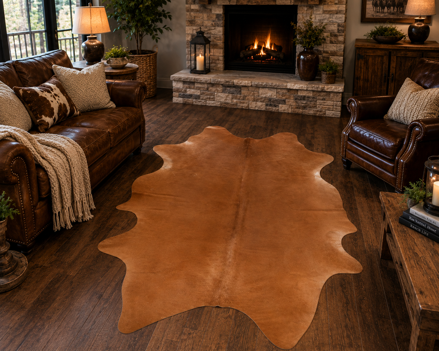 Light mahogany cowhide rug featuring warm caramel brown tones and a natural hide shape, displayed as a Western-inspired rustic home décor accent.