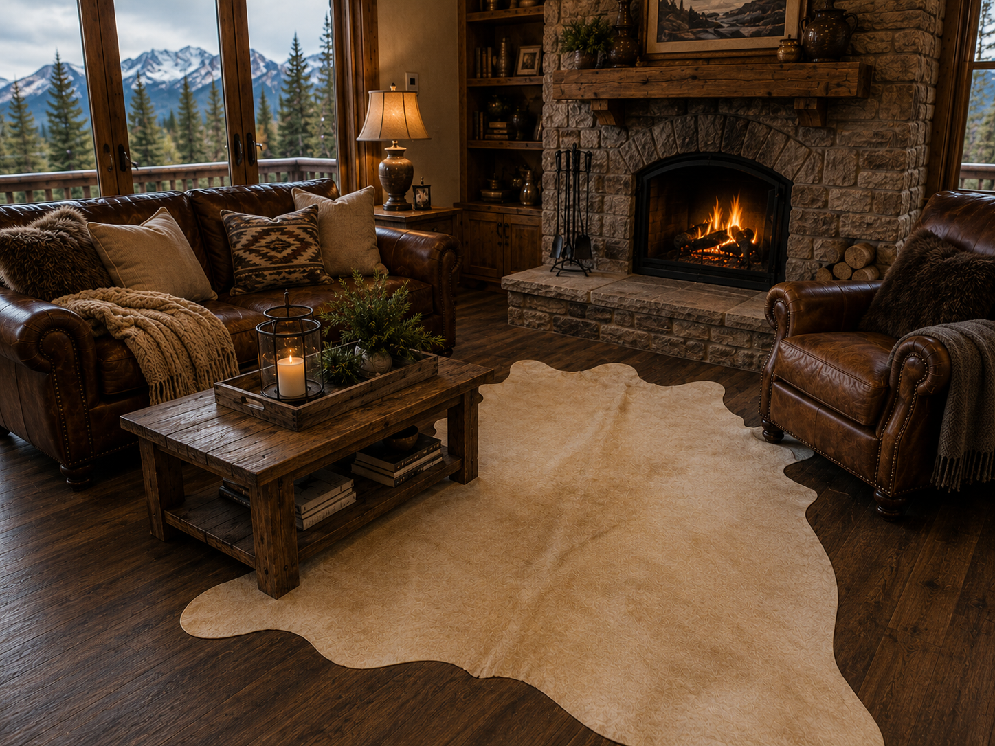 Natural beige leather cowhide rug featuring soft cream and tan tones with an organic hide shape, ideal for Western, farmhouse, ranch, and rustic home décor.