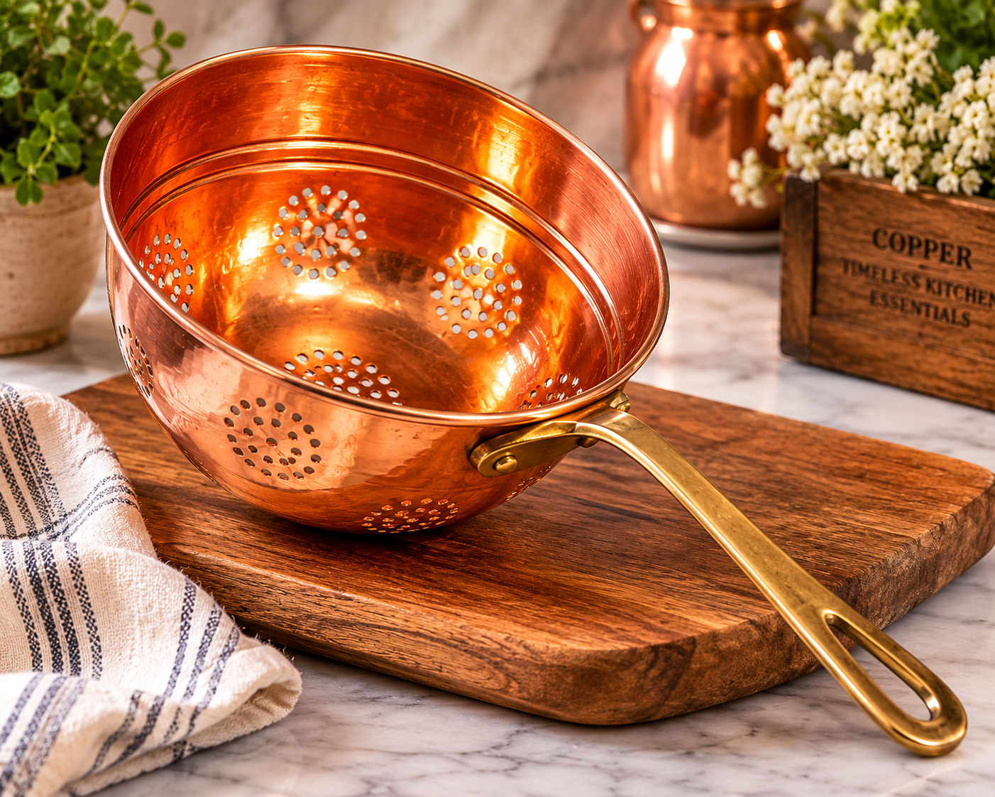 vintage solid copper strainer colander with perforated bowl and long solid brass handle