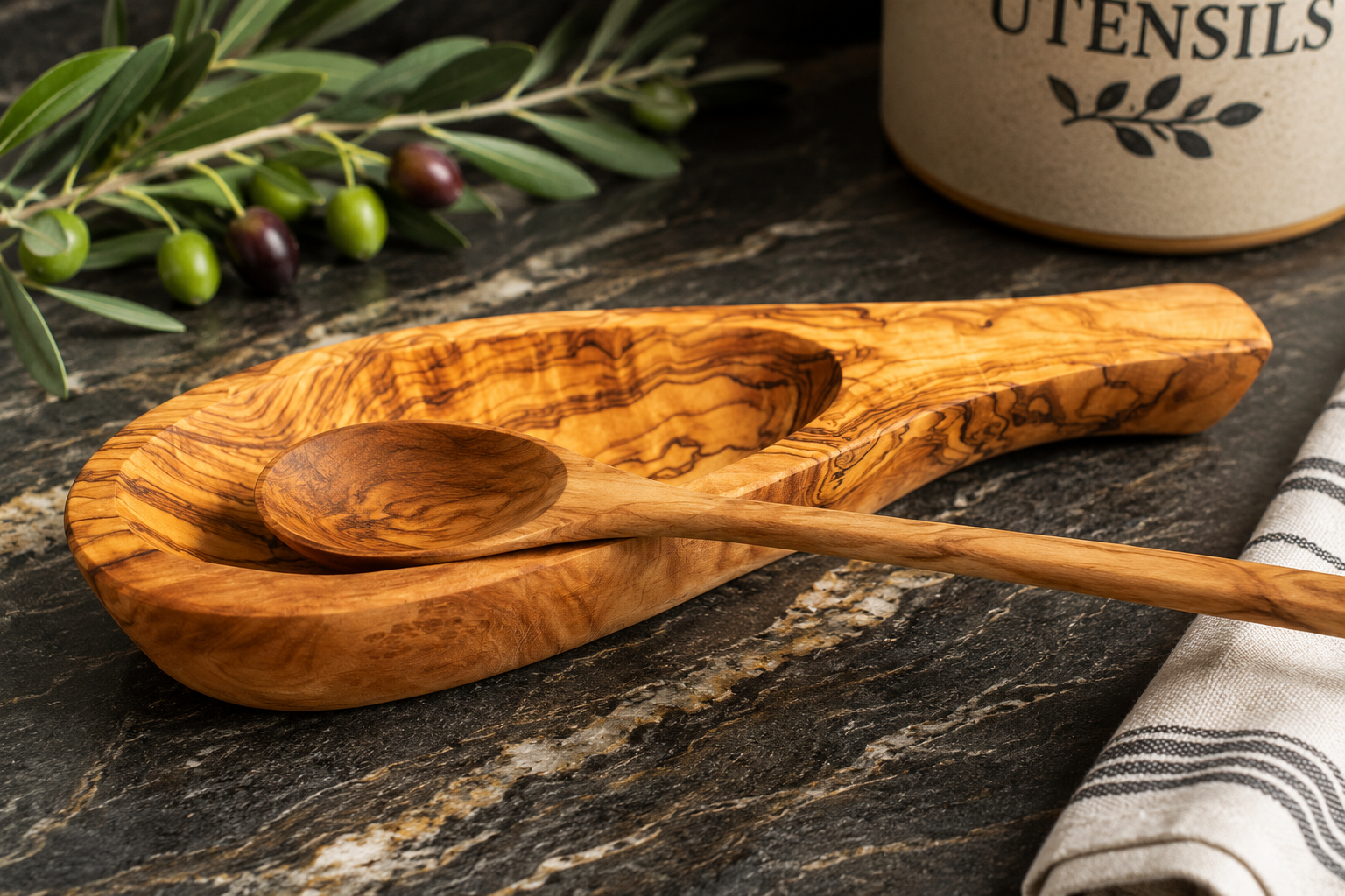 handcrafted olive wood spoon rest with rich natural grain and carved utensil basin rustic kitchen accessory