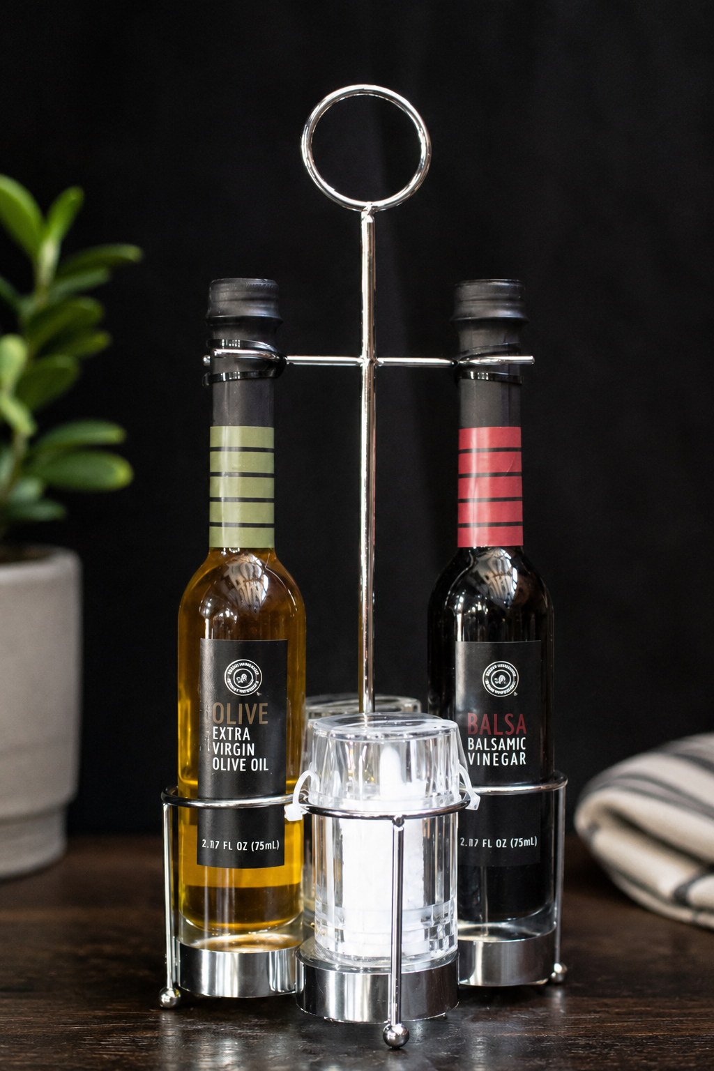 urban gourmet olive oil balsamic vinegar salt and pepper tabletop condiment stand with chrome organizer and 2.78 fl oz glass bottles