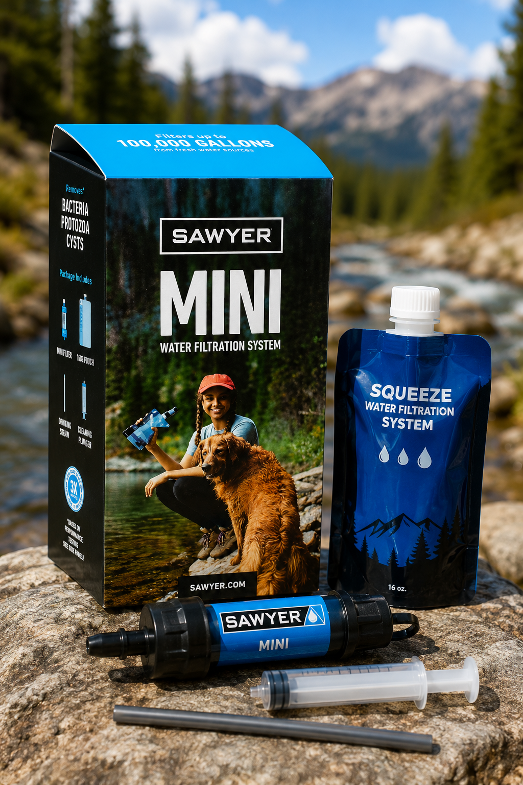 Sawyer MINI portable water filtration system in original retail packaging, capable of filtering up to 100,000 gallons of freshwater for hiking, camping, backpacking, emergency preparedness, and survival use.