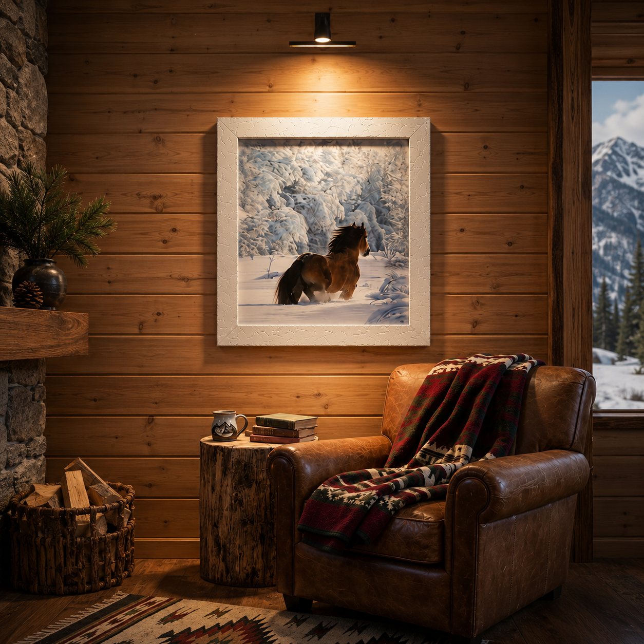 Framed Running Horse Snow Artwork – Rustic Winter Horse Wall Art White Wood Frame 20x24