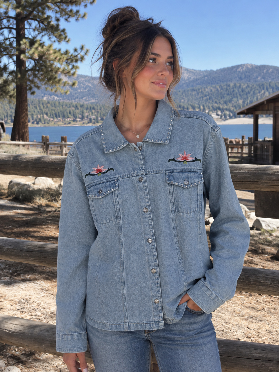 Fresh Groove Embroidered Chambray Snap Button Shirt Women's XL NWT Floral Western Top