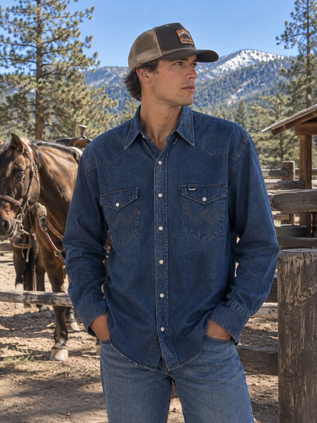 Wrangler Denim Western Snap Shirt | Men's 17½-35 | Regular Fit | Long Tails | Pearl Snap Button-Up