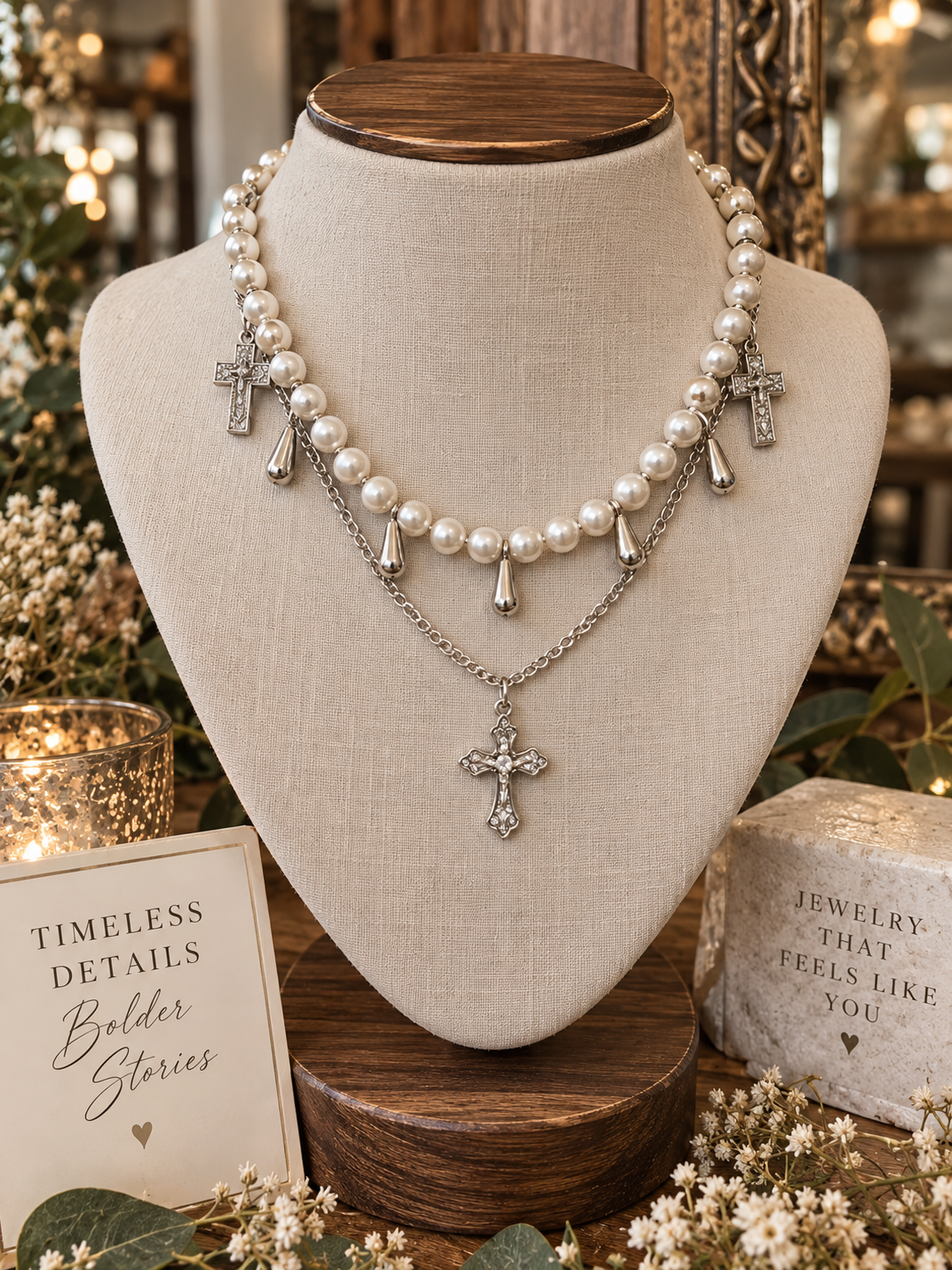 Layered Pearl & Silver-Tone Cross Necklace with Jesus Pendant