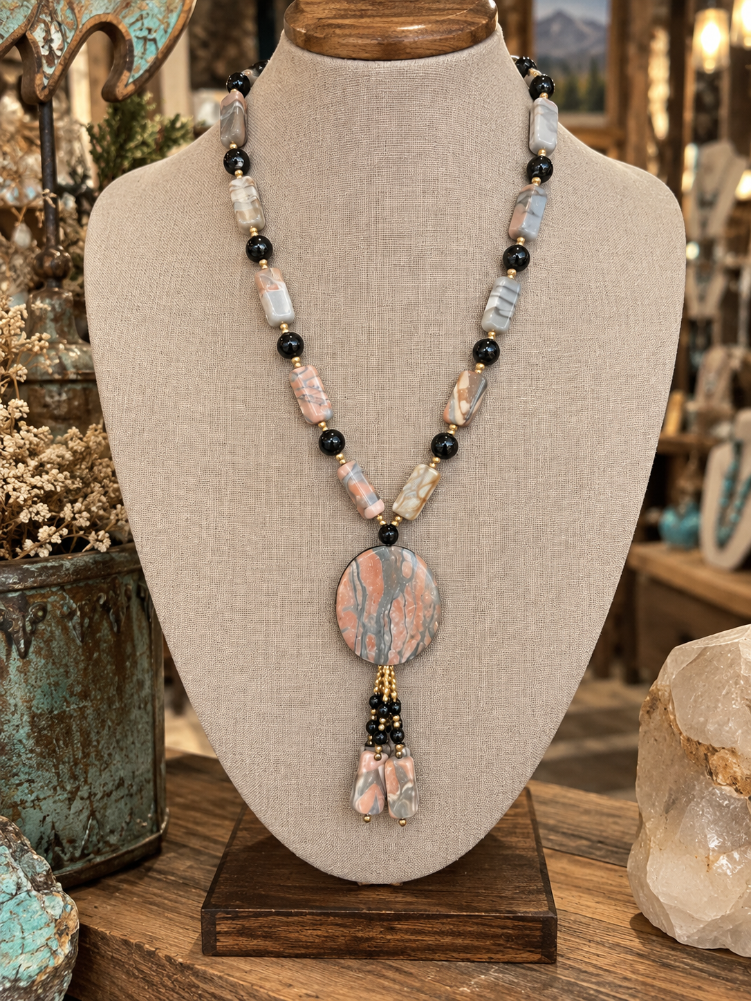 Natural Stone & Black Beaded Pendant Necklace