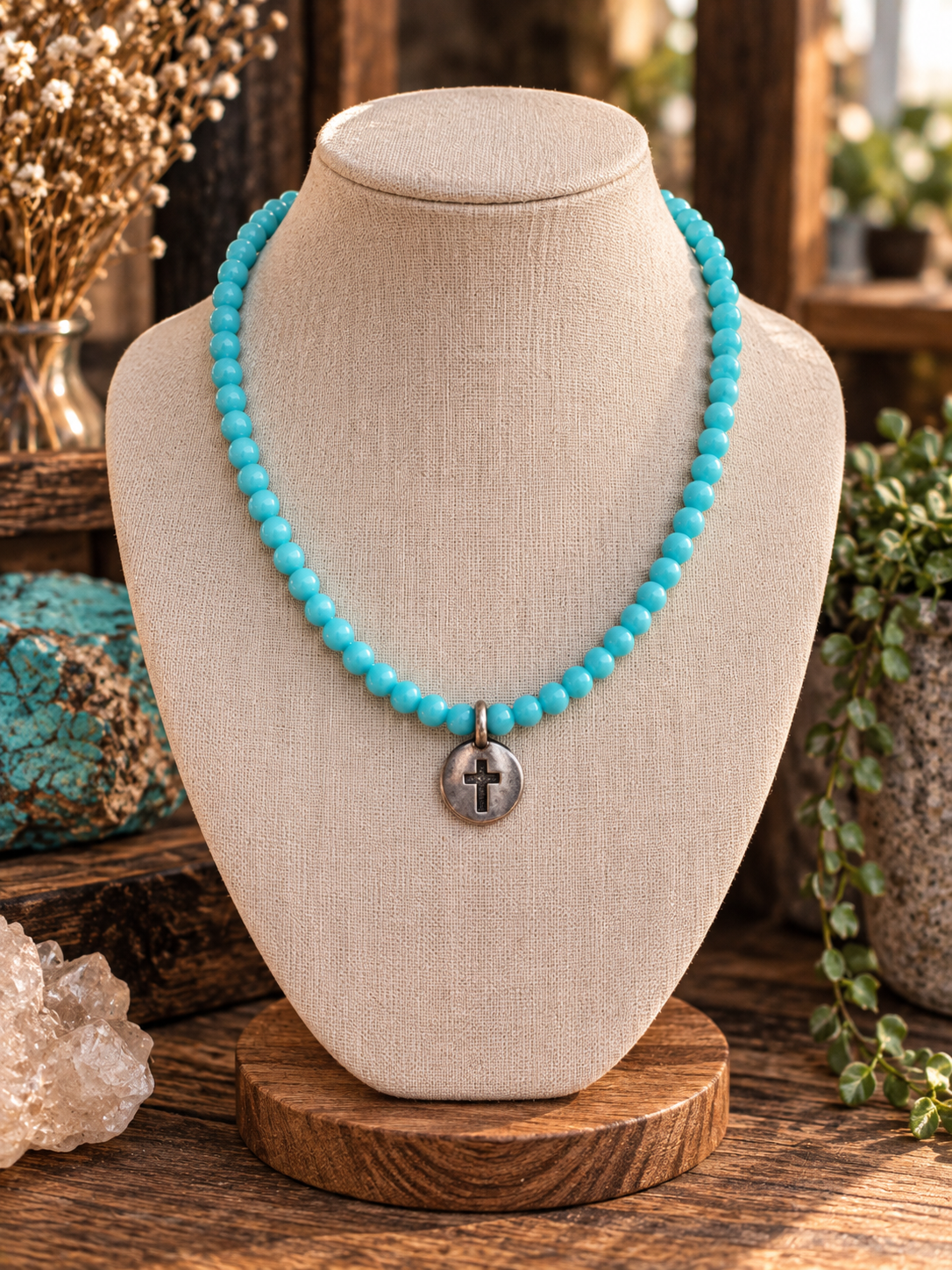 Turquoise-Colored Beaded Cross Necklace