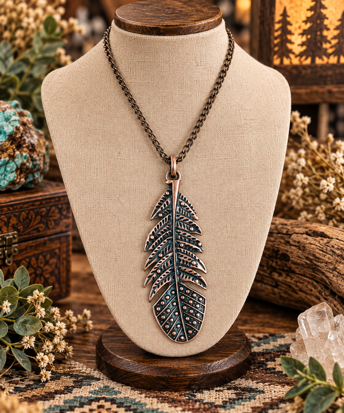 Copper-Tone Feather Pendant on Brass Chain