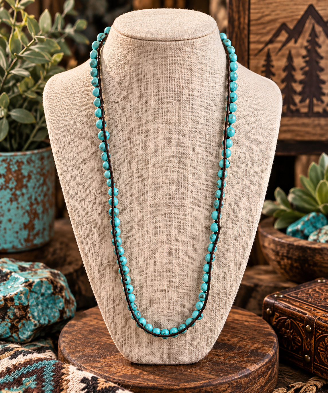 Turquoise Colored Bead & Brown Cord Necklace