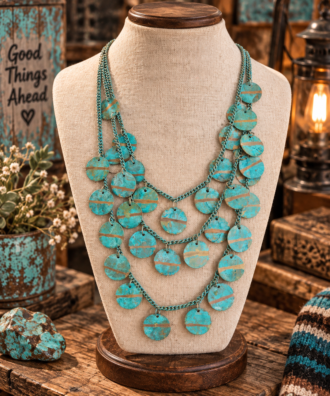 Blue Patina Multi-Strand Metal Disc Statement Necklace