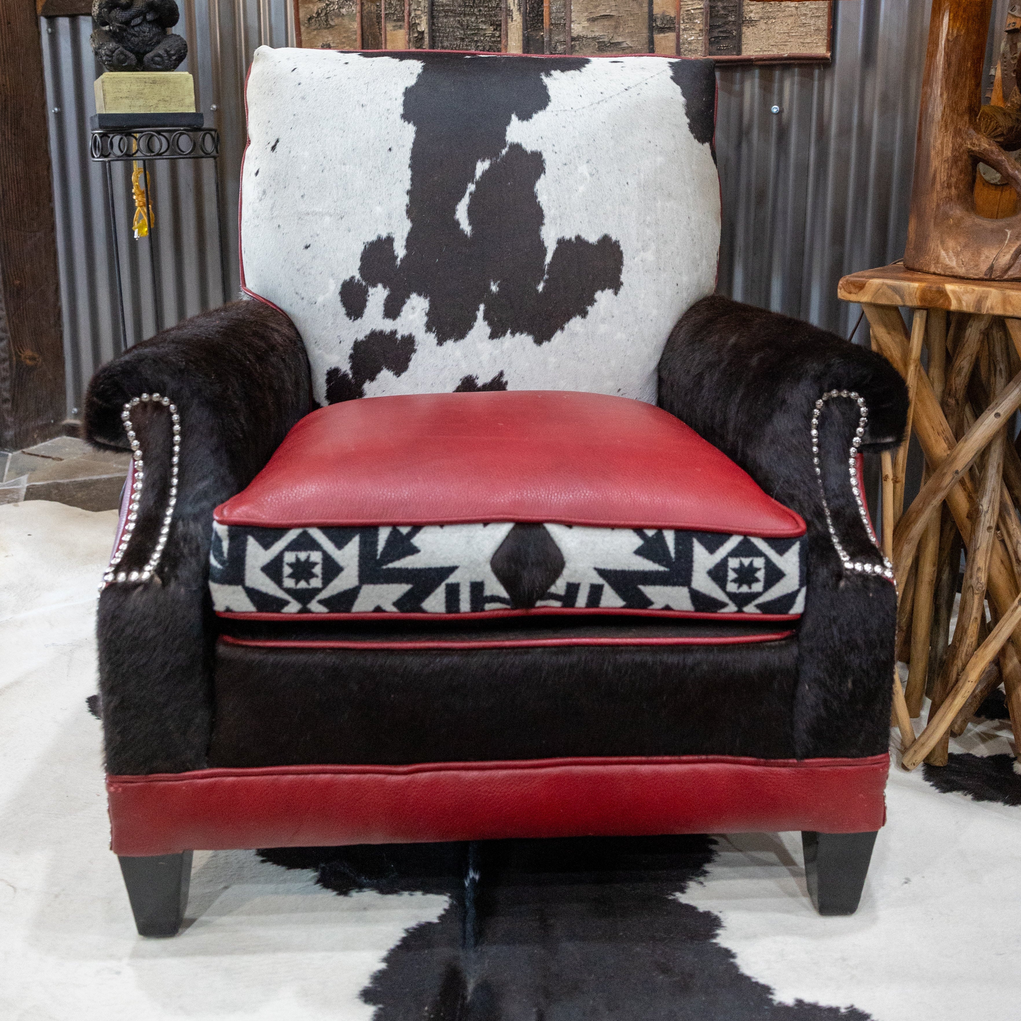 Newly Restyled Antique Chair with Pendleton Accent Fabric 1930's-1940s Burgundy Red Leather Southwestern Style Chair with Black White Cowhide and Solid Hardwood Frame