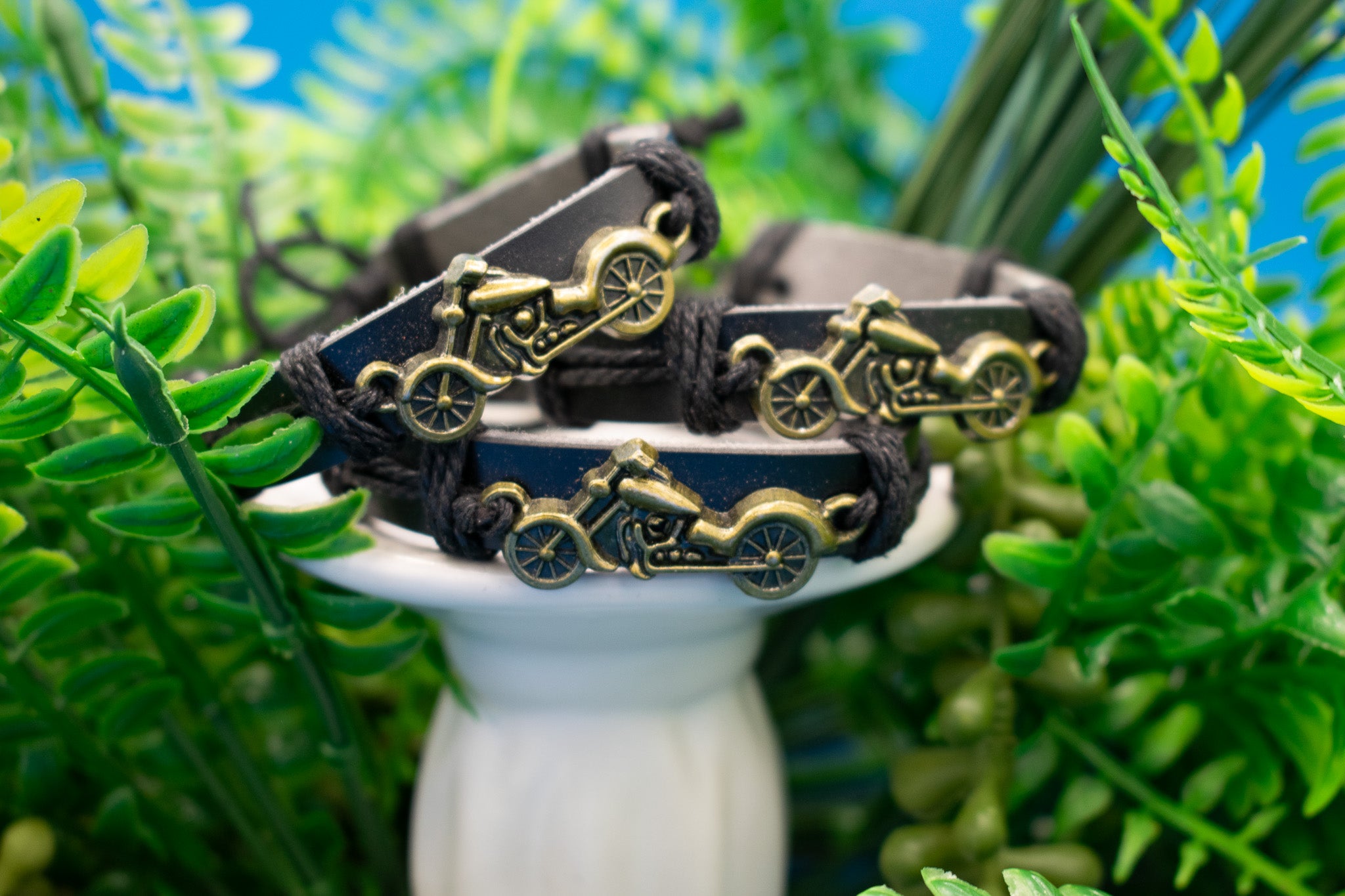 Black Leather and Jute Cord with Aluminum Motorcycle Charm Adjustable Bracelet