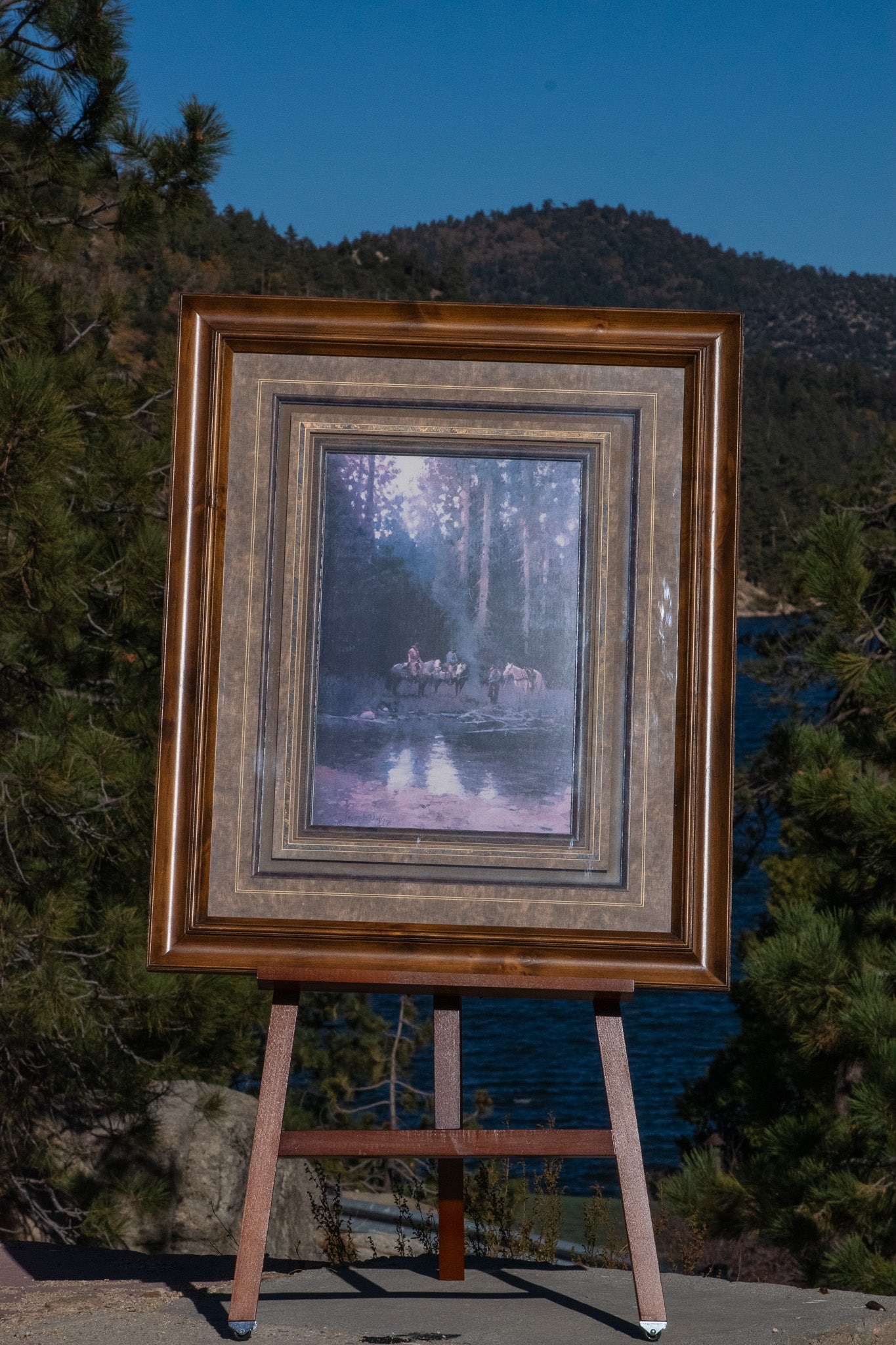 Framed Breaking Camp western print by Richard D Thomas cowboys with horses by river large rustic wall art