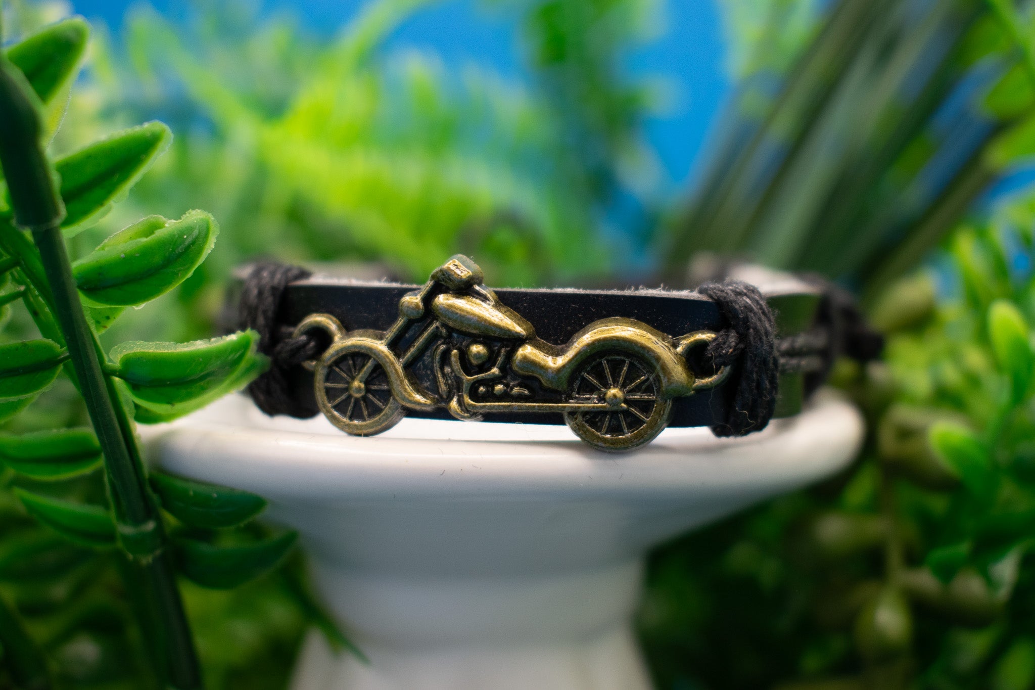 Black Leather and Jute Cord with Aluminum Motorcycle Charm Adjustable Bracelet