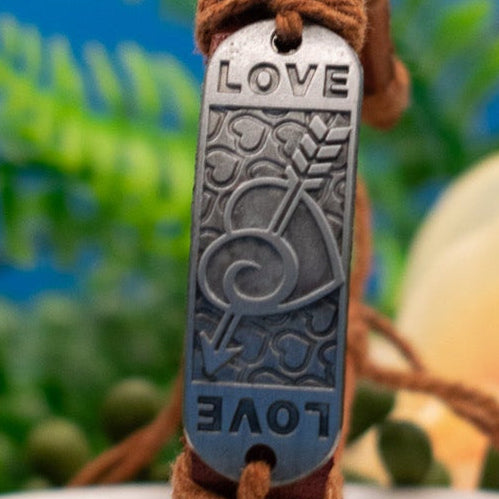 Brown Leather and Jute Cord Love Charm Adjustable Bracelet