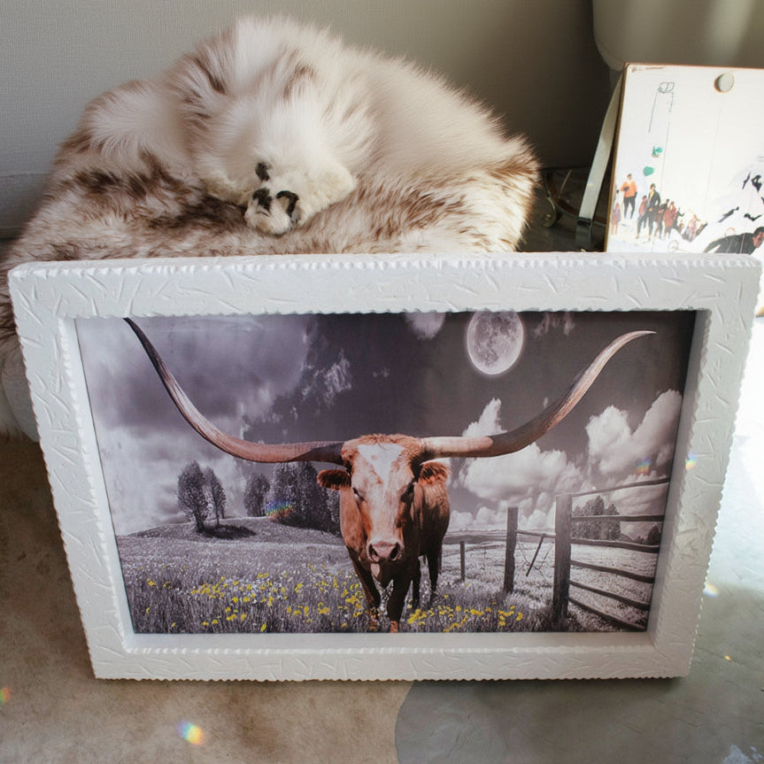 framed western longhorn wall art print featuring moonlit countryside landscape in textured white wooden frame rustic farmhouse decor