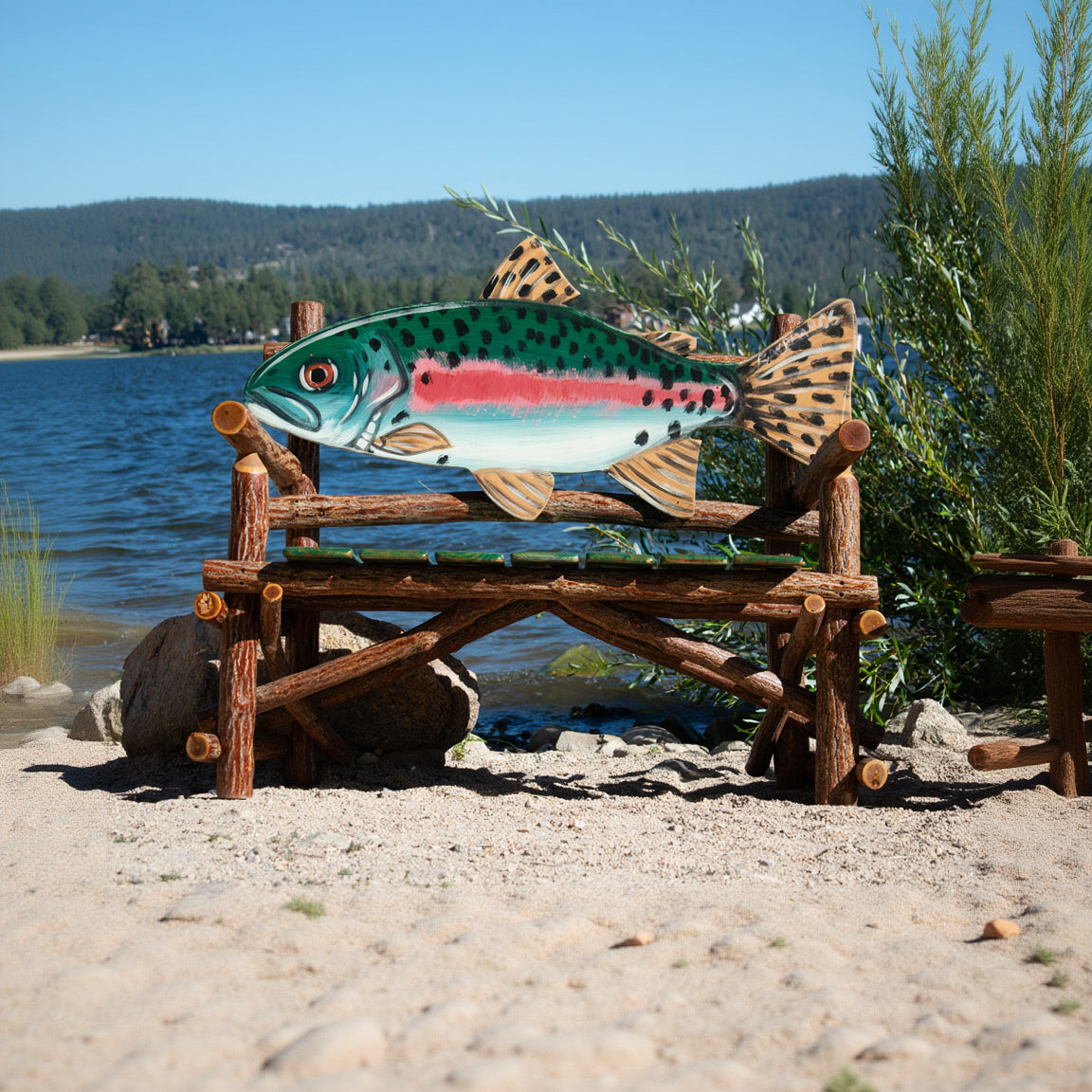 Natural Log Fish Bench Depicting a Realistic Rainbow Trout