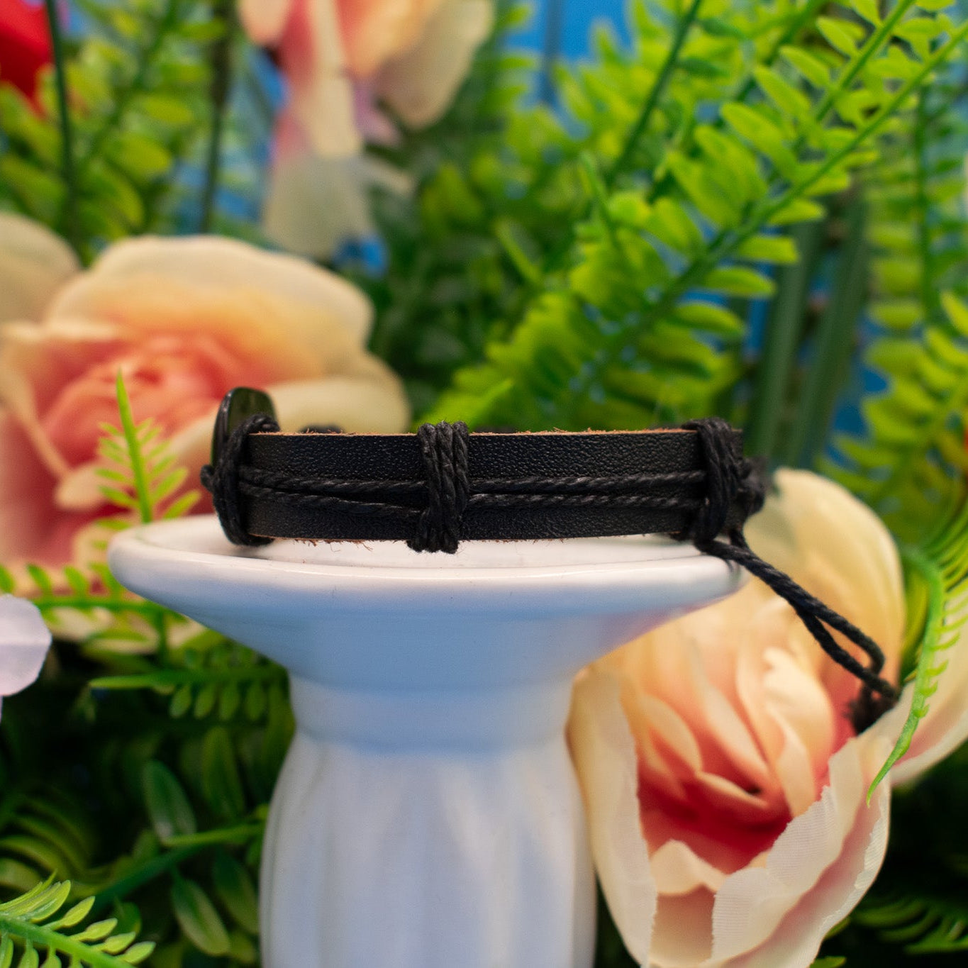 Black Leather Adjustable Bracelet with Resin Letter "F" Charm