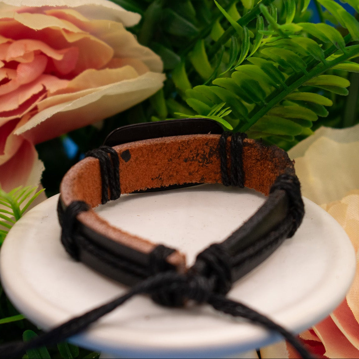 Black Leather Adjustable Bracelet with Resin Letter "M" Charm