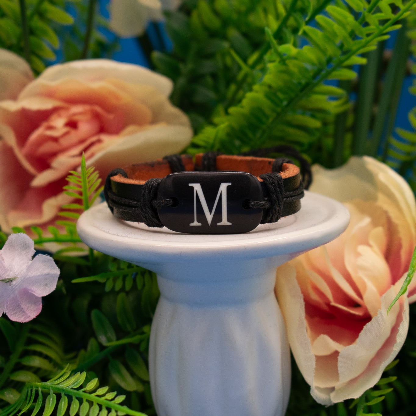 Black Leather Adjustable Bracelet with Resin Letter "M" Charm