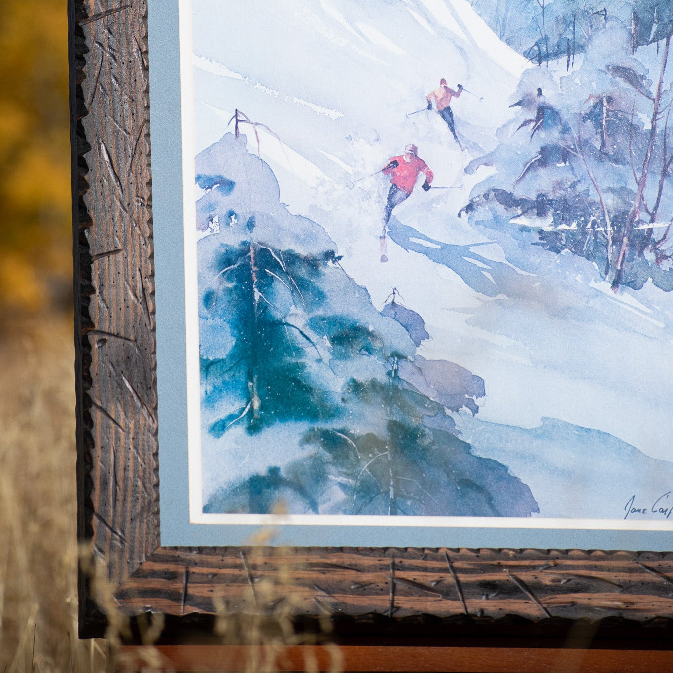Large Framed Artwork Featuring 3 Skier Signed by Jane Carlson