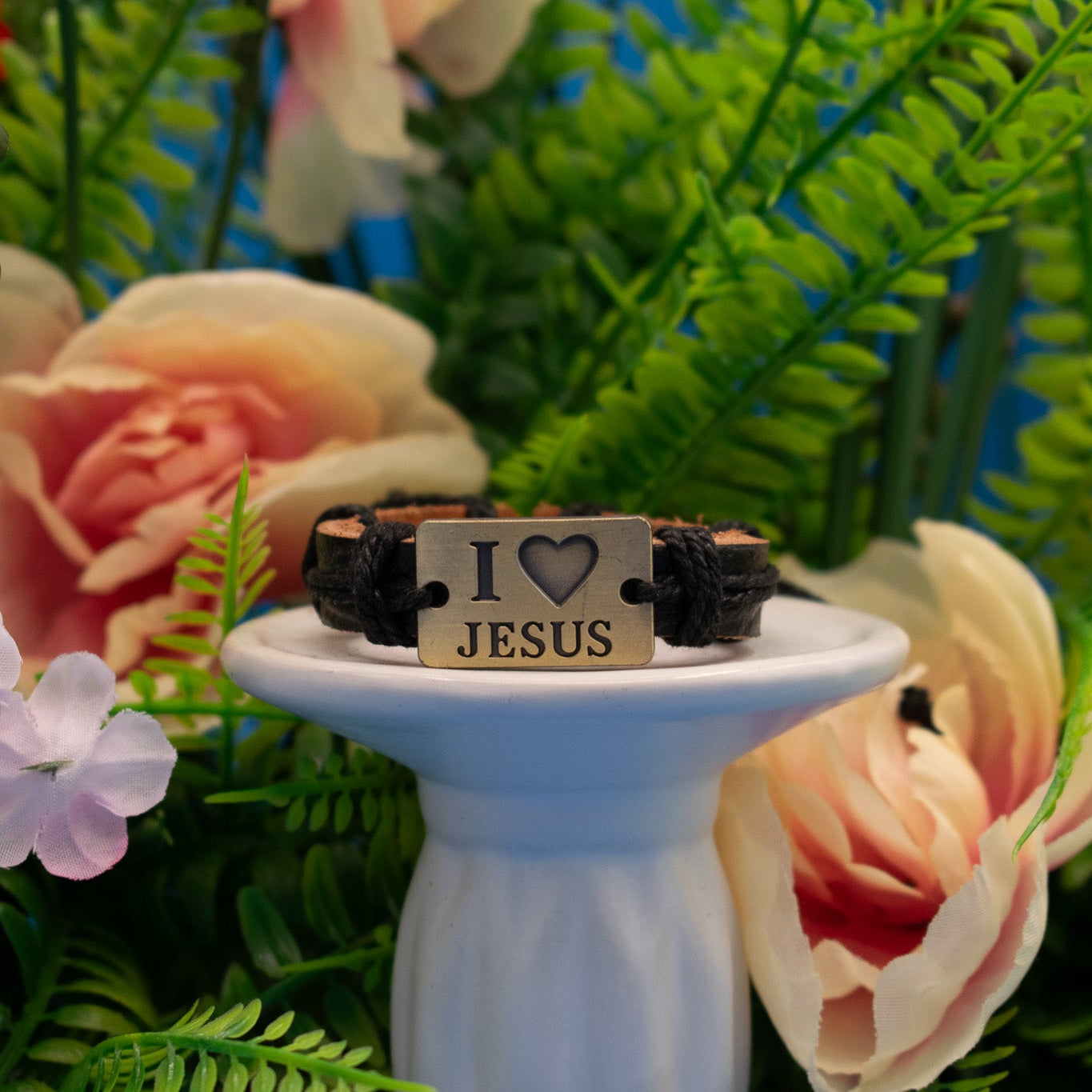 Leather with Aluminum I love Jesus Charm Adjustable Bracelet