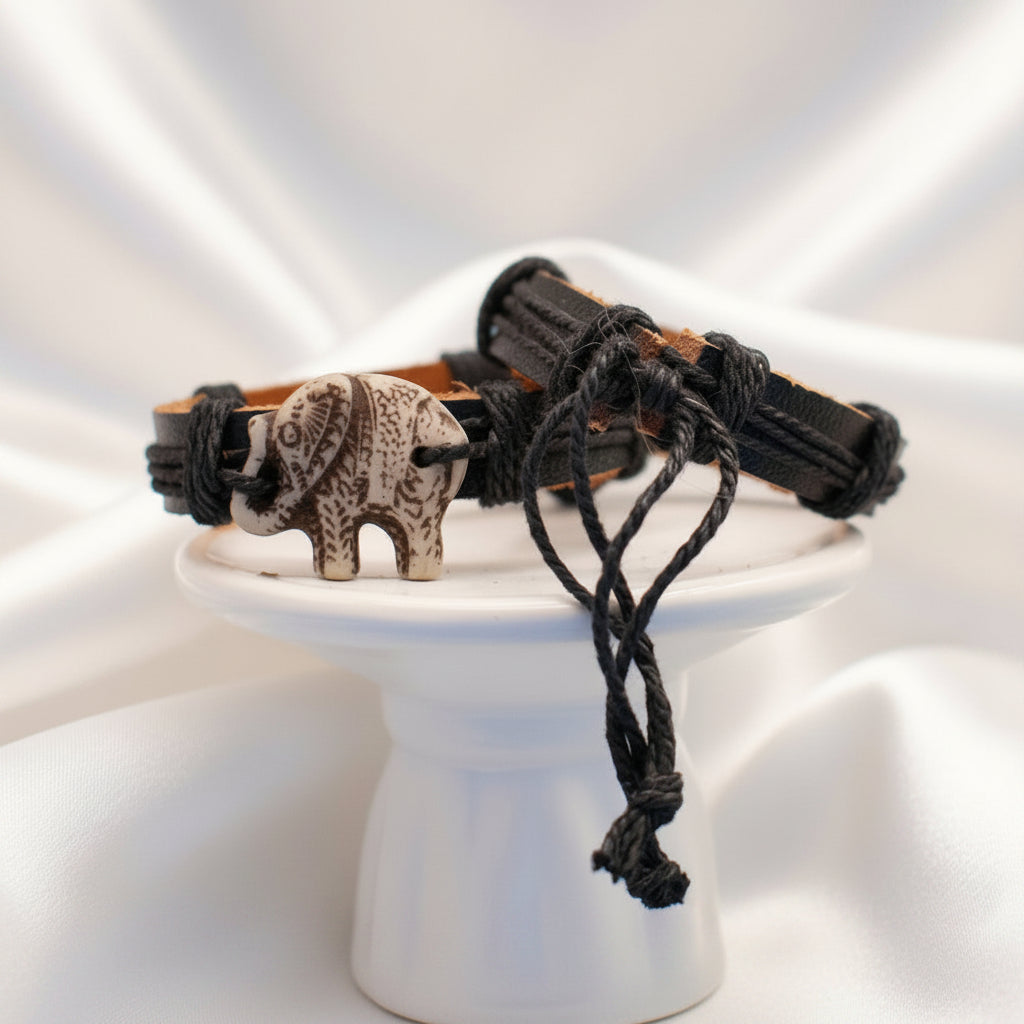 Leather Elephant Charm Adjustable Bracelet