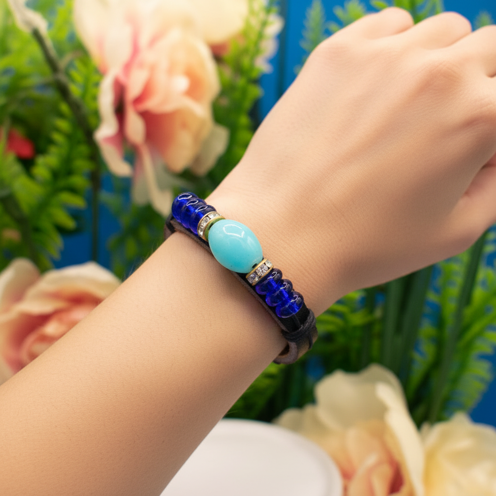 Leather Blue Glass Beaded Adjustable Bracelet