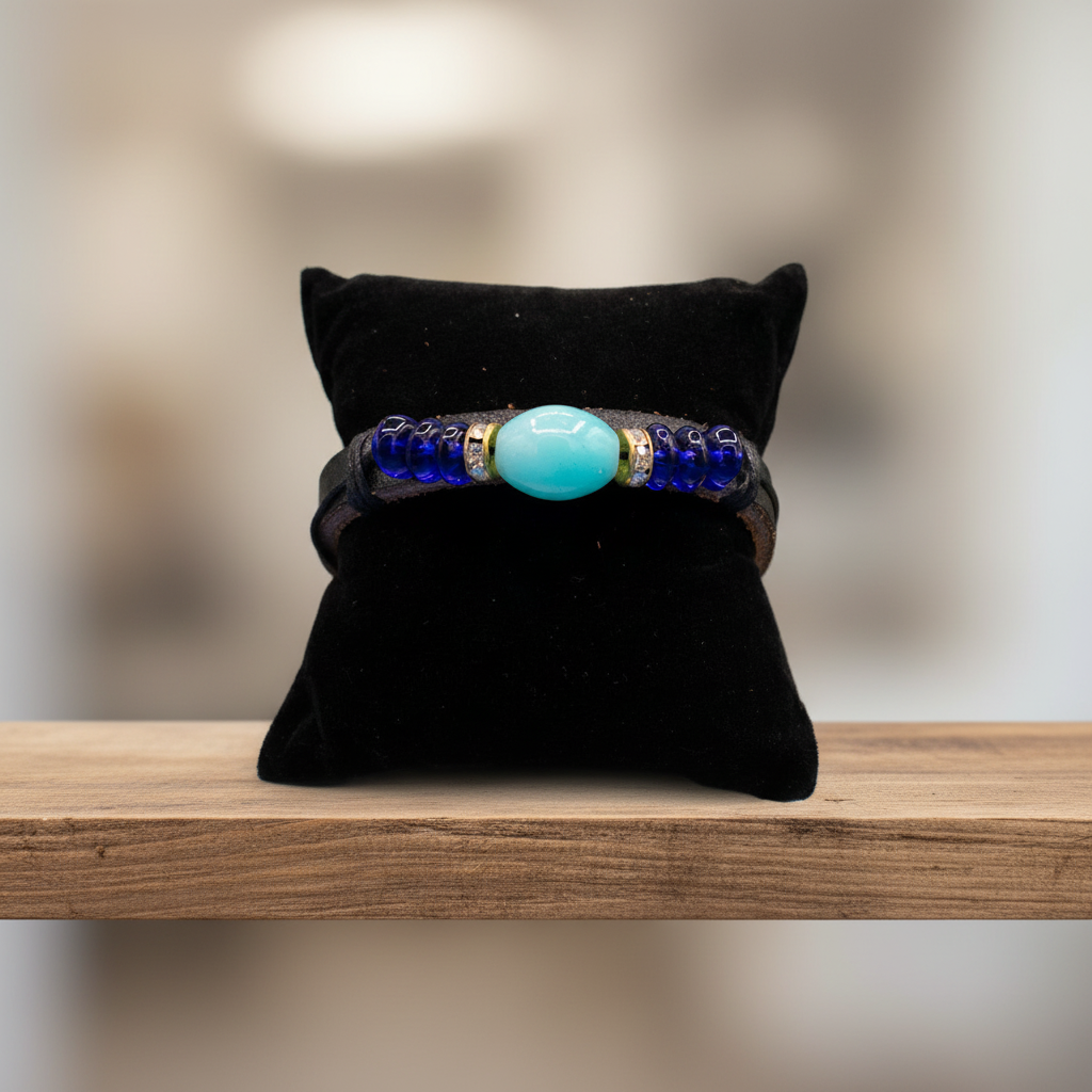 Leather Blue Glass Beaded Adjustable Bracelet