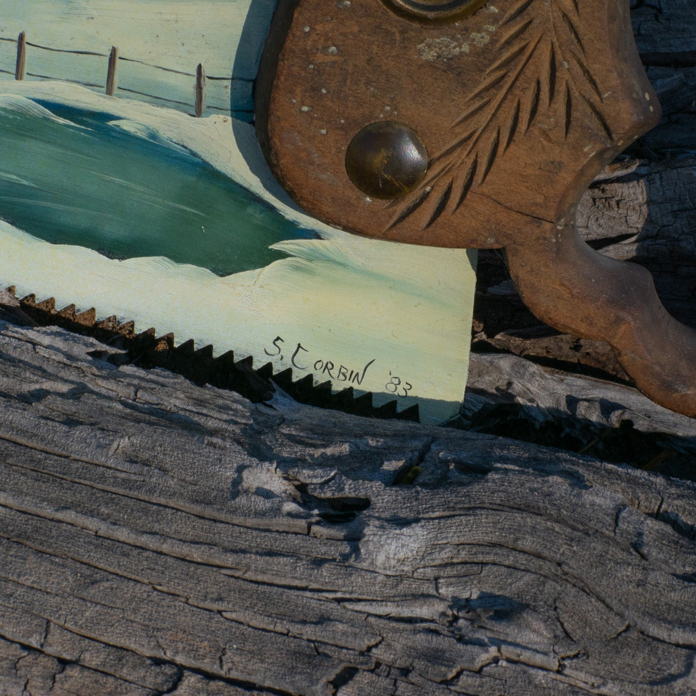 Vintage Hand-Painted Decorative Saw Blade Wall Art by S. Corbin 1983 Rustic Winter Farm Scene 26"