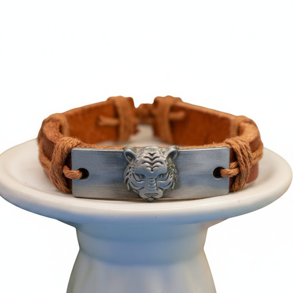 Tiger Charm Leather Adjustable Bracelet