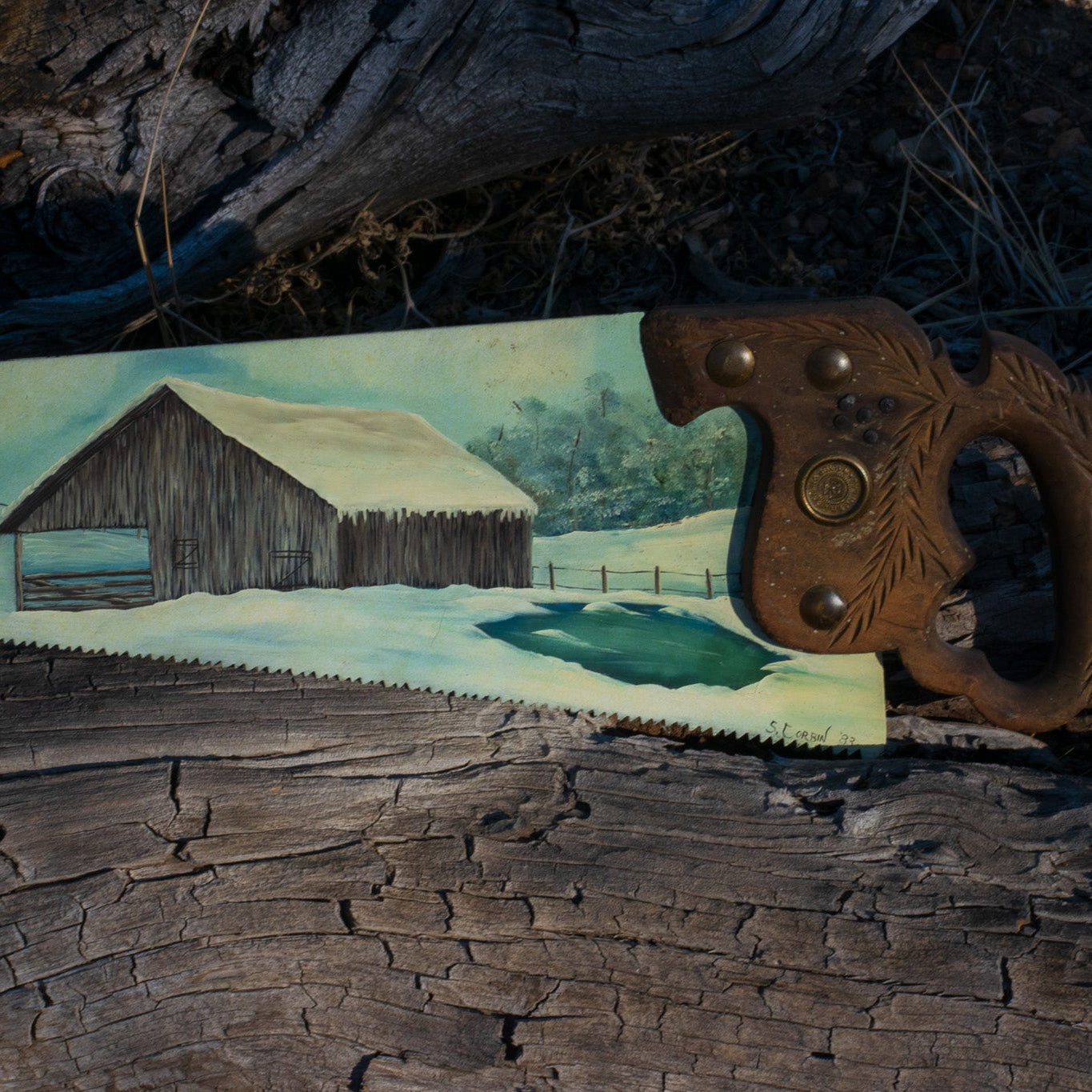 Vintage Hand-Painted Decorative Saw Blade Wall Art by S. Corbin 1983 Rustic Winter Farm Scene 26"