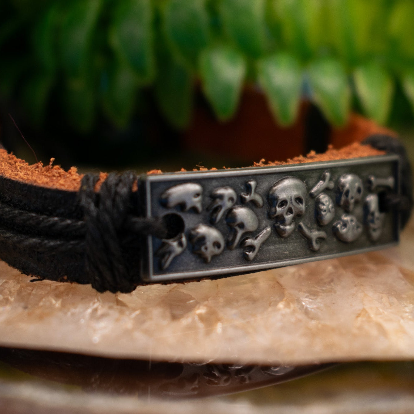 Skull and Bones Charm Leather Adjustable Bracelet