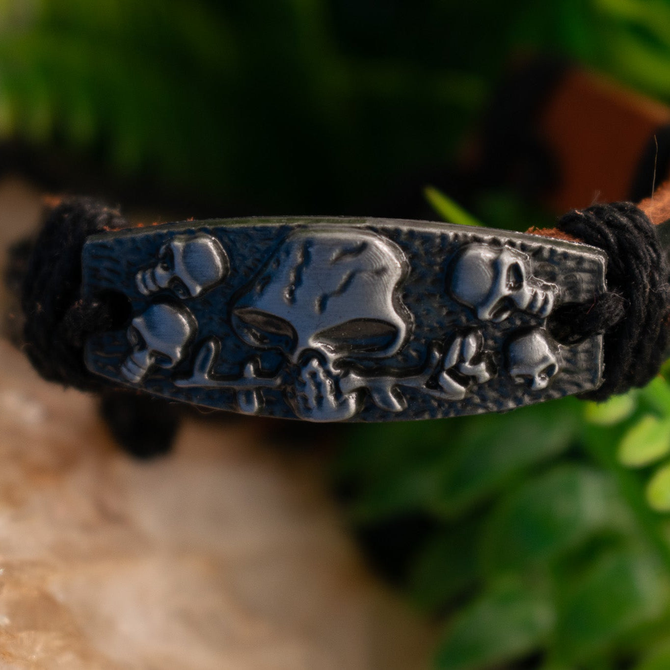 Leather Aluminum Skull Charm Adjustable Bracelet
