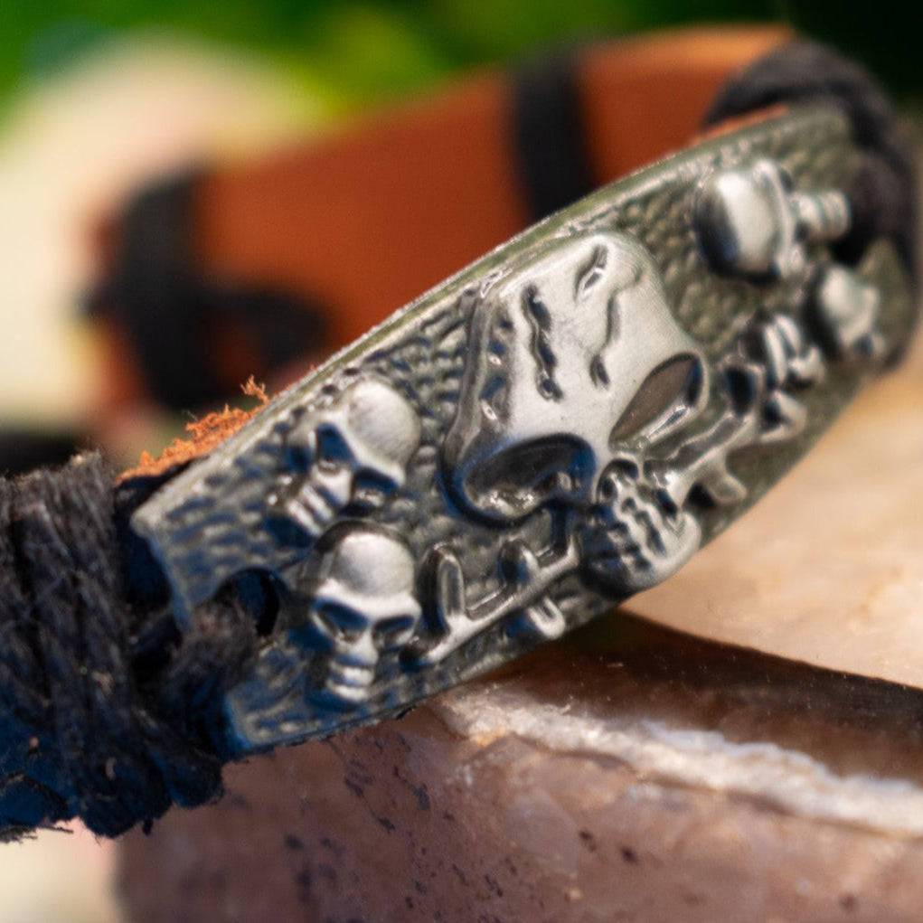 Leather Aluminum Skull Charm Adjustable Bracelet