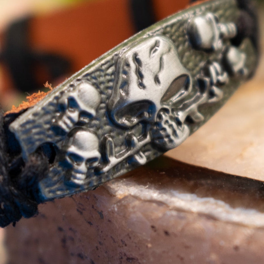Leather Aluminum Skull Charm Adjustable Bracelet