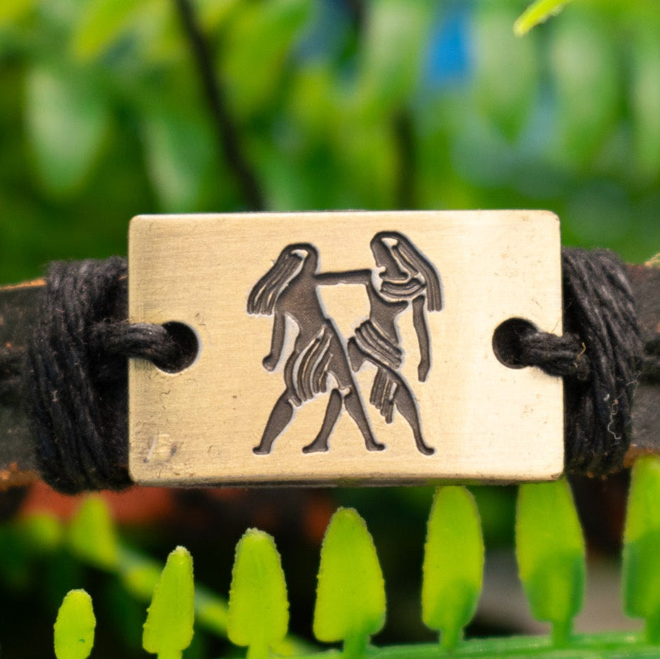 Leather Strap Bronze Colored Stamped Egyptian Charm Bracelet