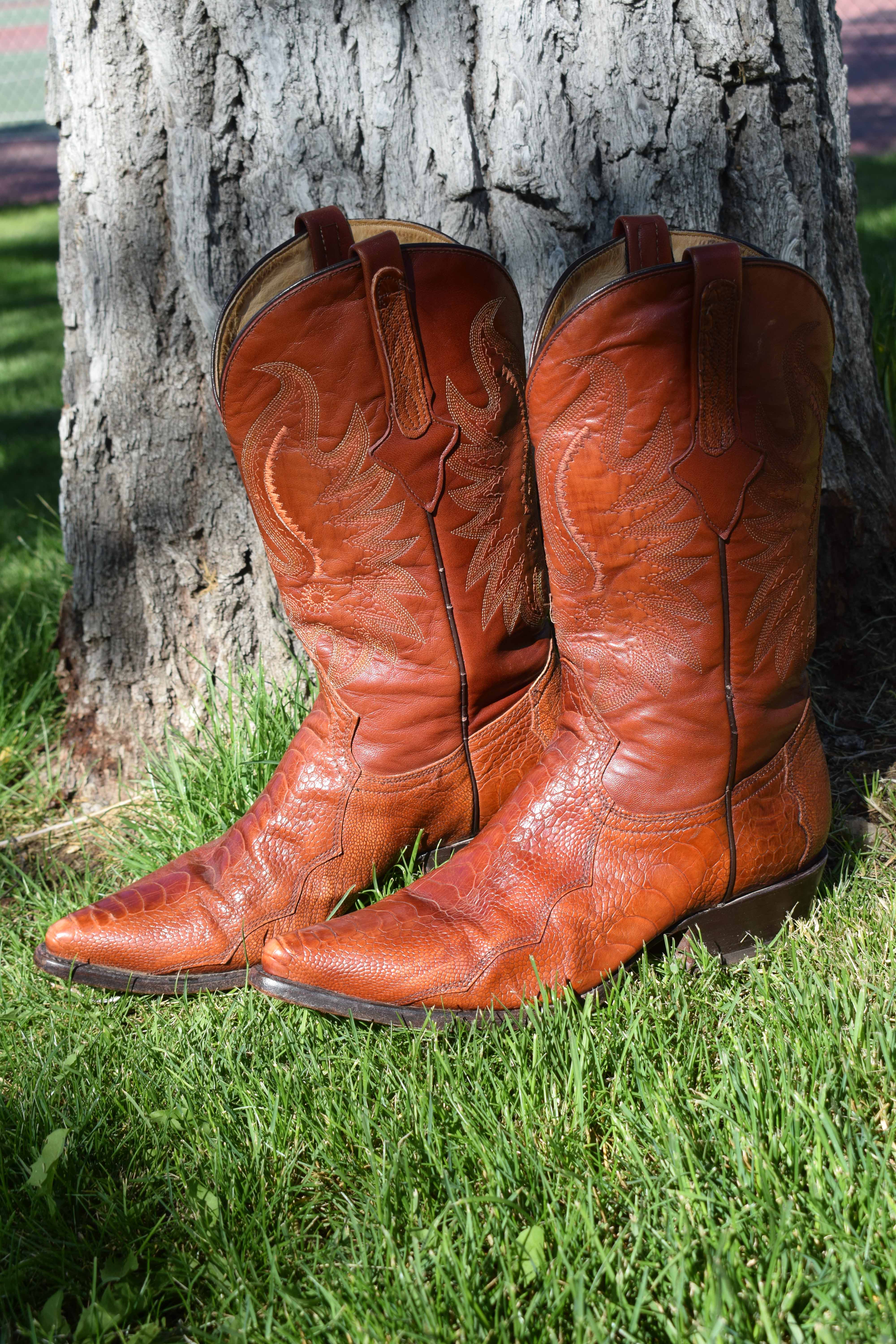 Talla Ostrich Western Boots Mens Size 8 Brown Exotic Leather Cowboy Boots Mexico